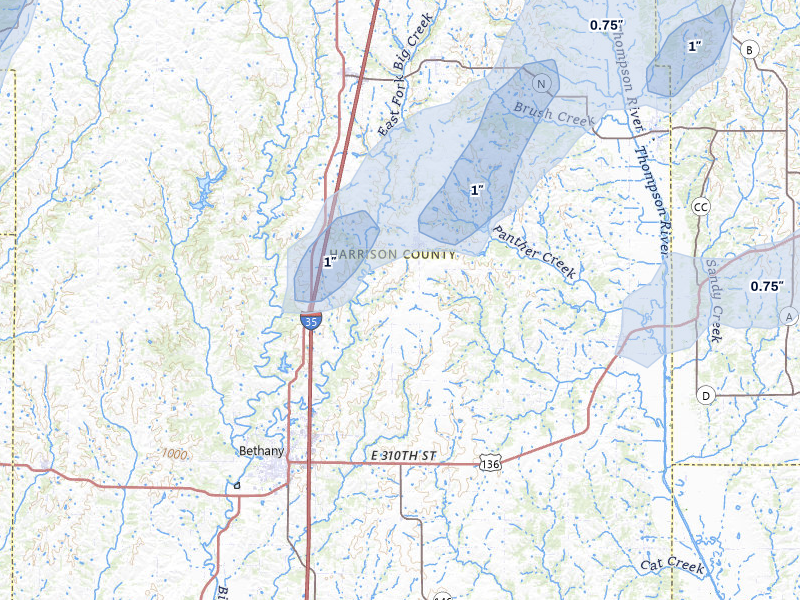 NEXRAD radar-signature map of the hail storm over Ridgeway, MO on Mar 5, 2026