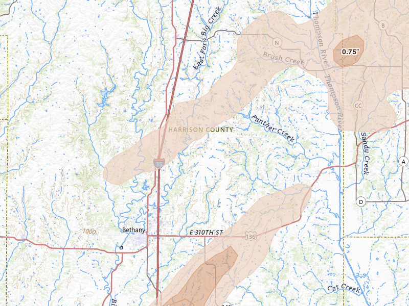 Radar-estimated hail-size map of the storm over Ridgeway, MO on Apr 15, 2026
