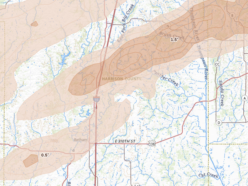Radar-estimated hail-size map of the storm over Ridgeway, MO on Apr 17, 2026