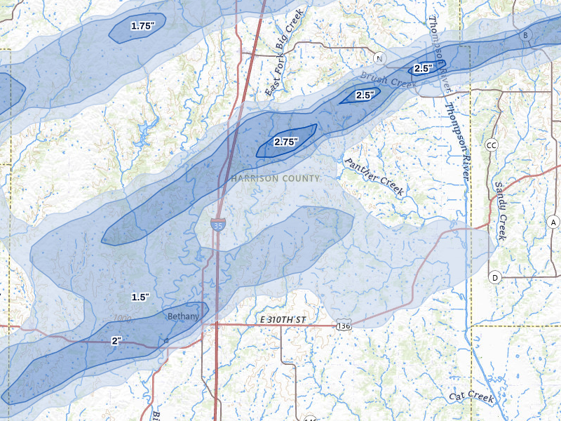 NEXRAD radar-signature map of the hail storm over Ridgeway, MO on Apr 17, 2026