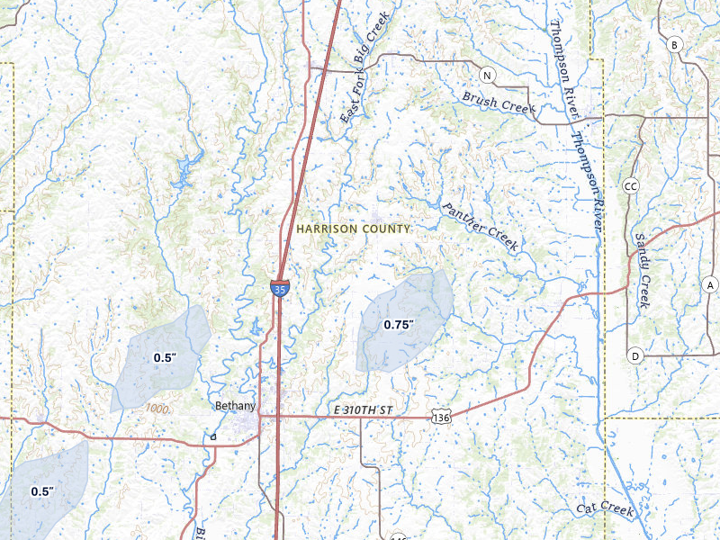 NEXRAD radar-signature map of the hail storm over Ridgeway, MO on Apr 23, 2026