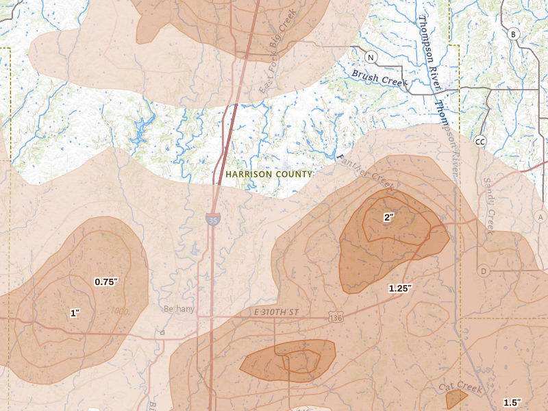 Radar-estimated hail-size map of the storm over Ridgeway, MO on May 16, 2026