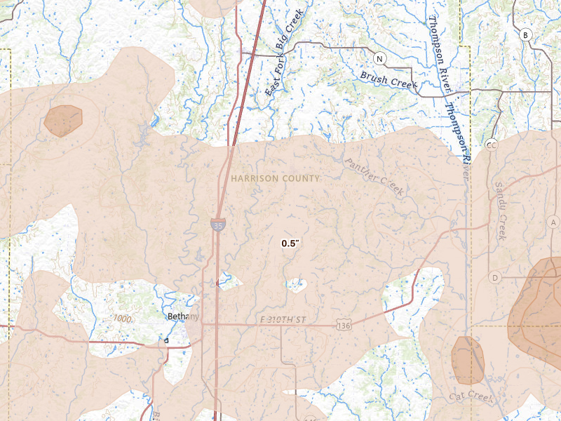 Radar-estimated hail-size map of the storm over Ridgeway, MO on Jun 10, 2026