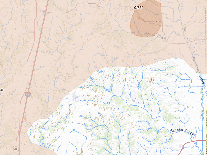 Radar-estimated hail-size map of the storm over Ridgeway, MO on Jun 11, 2026