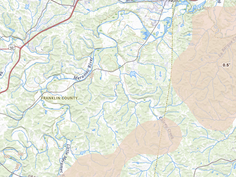 Radar-estimated hail-size map of the storm over Robertsville, MO on Apr 26, 2026