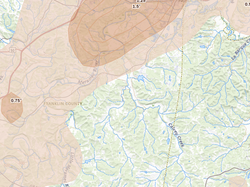 Radar-estimated hail-size map of the storm over Robertsville, MO on Apr 27, 2026