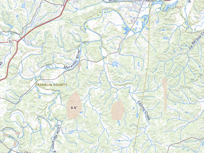 Radar-estimated hail-size map of the storm over Robertsville, MO on May 18, 2026