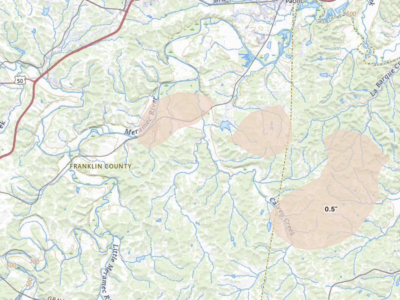Radar-estimated hail-size map of the storm over Robertsville, MO on Jun 11, 2026