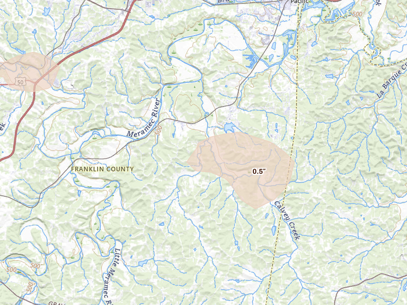 Radar-estimated hail-size map of the storm over Robertsville, MO on Jul 10, 2026