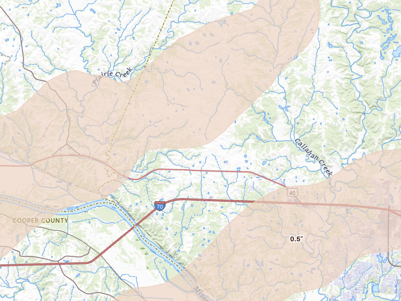Radar-estimated hail-size map of the storm over Rocheport, MO on Apr 27, 2026