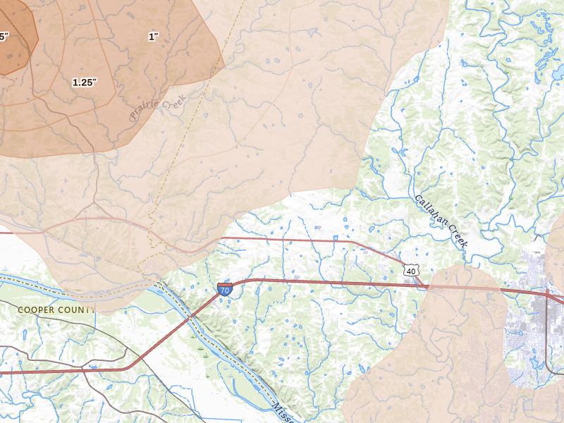 Radar-estimated hail-size map of the storm over Rocheport, MO on May 31, 2026