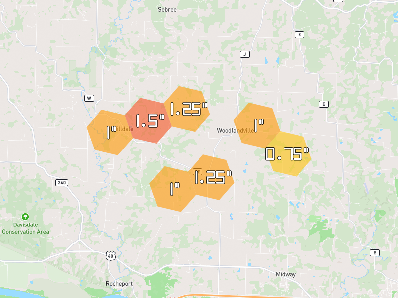 Hail map of Rocheport, MO on Jun 1, 2026, hail up to 1.5"
