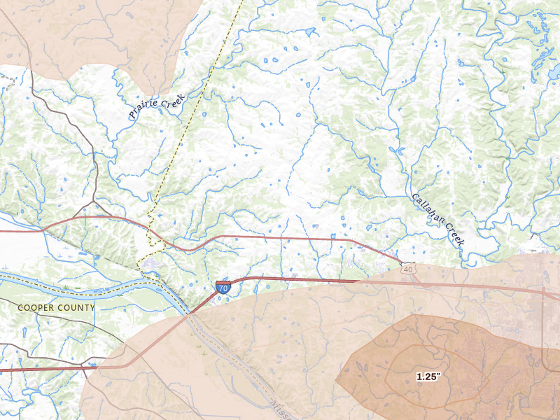 Radar-estimated hail-size map of the storm over Rocheport, MO on Jul 10, 2026