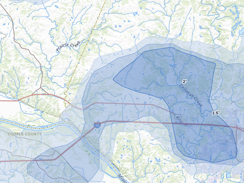 NEXRAD radar-signature map of the hail storm over Rocheport, MO on Jul 10, 2026