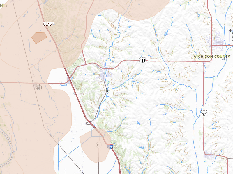 Radar-estimated hail-size map of the storm over Rock Port, MO on Apr 23, 2026