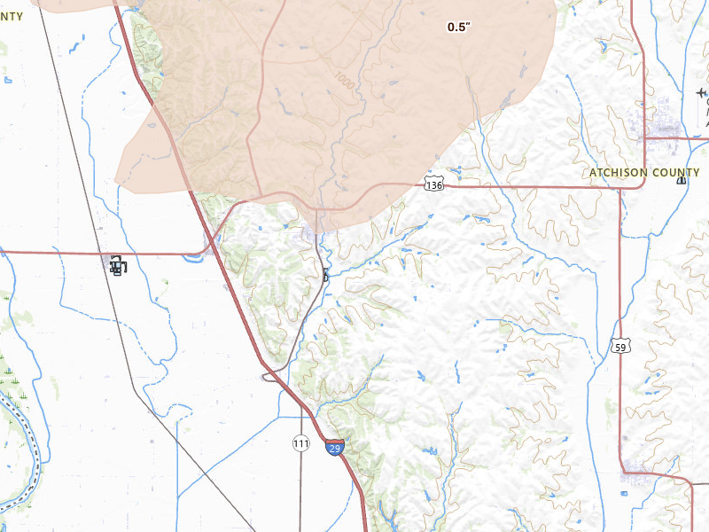 Radar-estimated hail-size map of the storm over Rock Port, MO on May 16, 2026