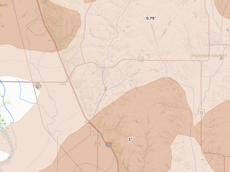 Radar-estimated hail-size map of the storm over Rock Port, MO on May 18, 2026
