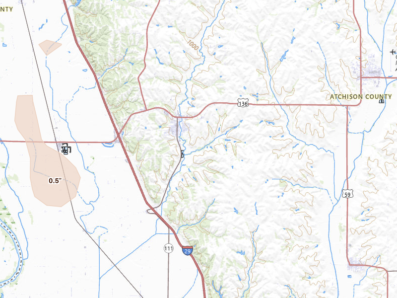 Radar-estimated hail-size map of the storm over Rock Port, MO on Jun 5, 2026