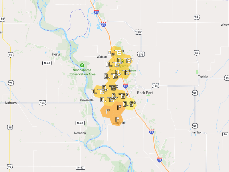 Hail map of Rock Port, MO on Jun 6, 2026, hail up to 1"