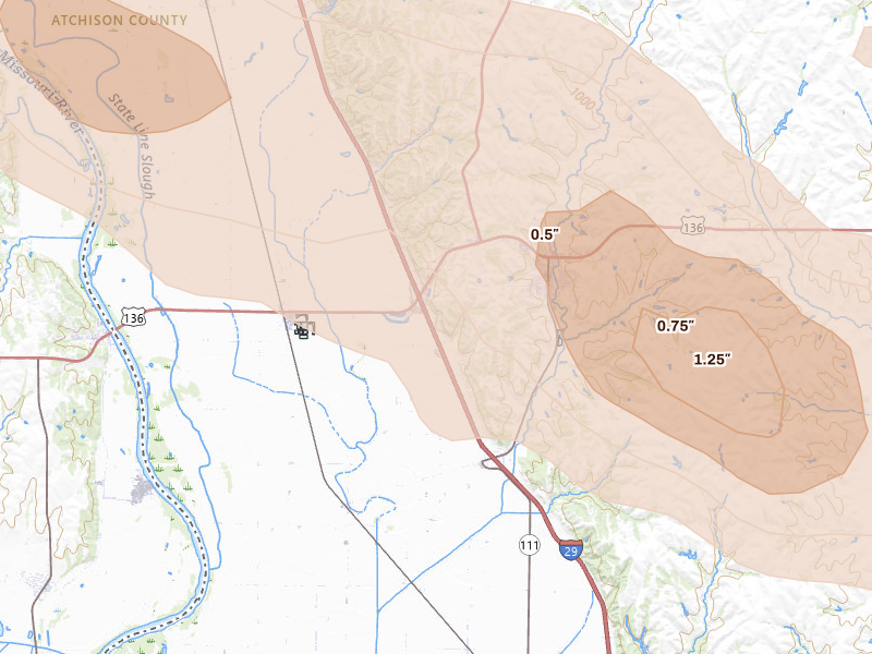 Radar-estimated hail-size map of the storm over Rock Port, MO on Aug 9, 2026