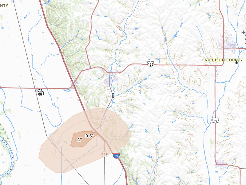 Radar-estimated hail-size map of the storm over Rock Port, MO on Aug 14, 2026