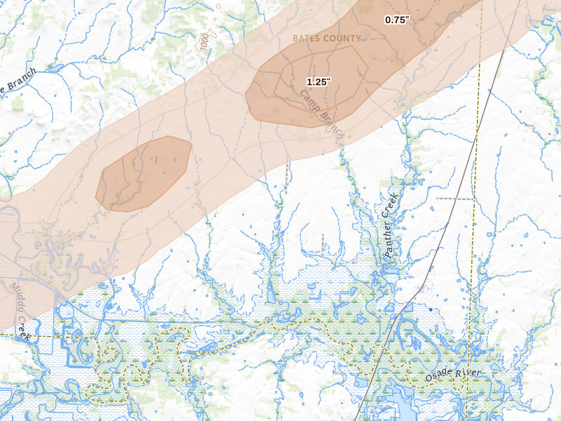 Radar-estimated hail-size map of the storm over Rockville, MO on Jun 11, 2026