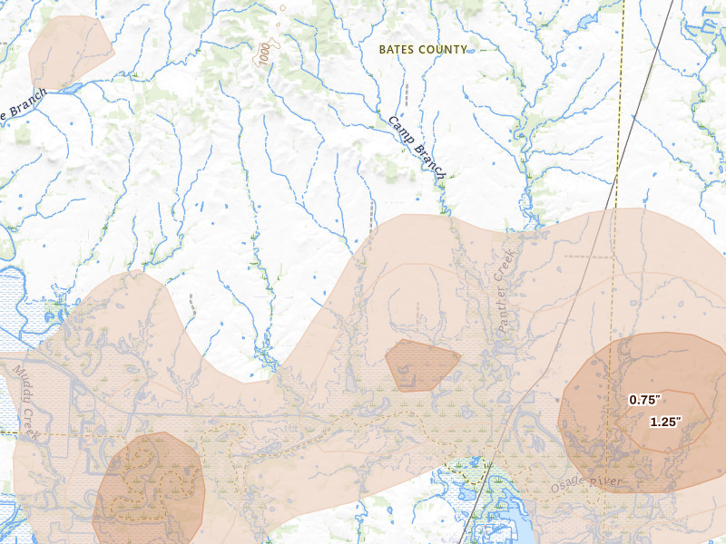 Radar-estimated hail-size map of the storm over Rockville, MO on Jul 4, 2026