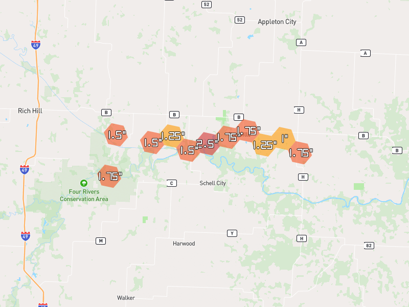 Hail map of Rockville, MO on Jul 4, 2026, hail up to 2.5"