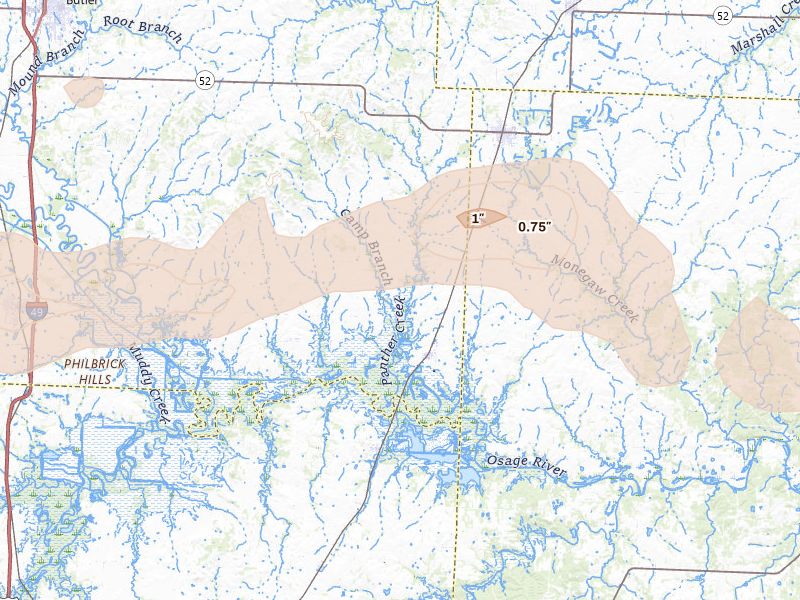 Radar-estimated hail-size map of the storm over Rockville, MO on Aug 5, 2026