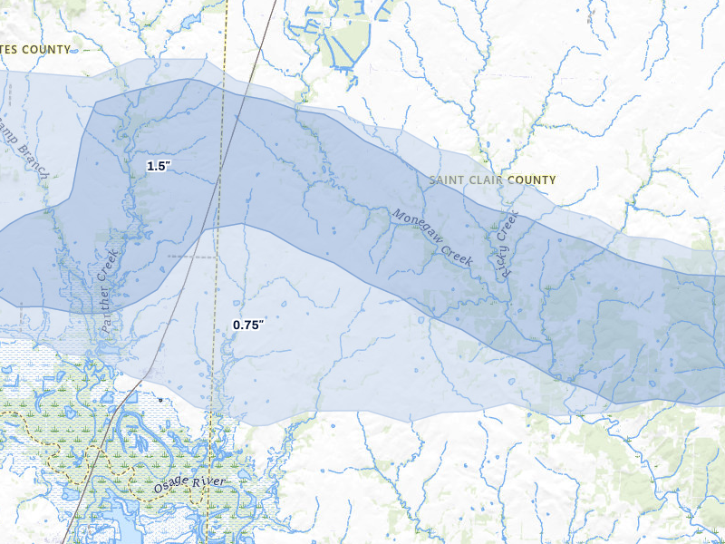 NEXRAD radar-signature map of the hail storm over Rockville, MO on Aug 5, 2026