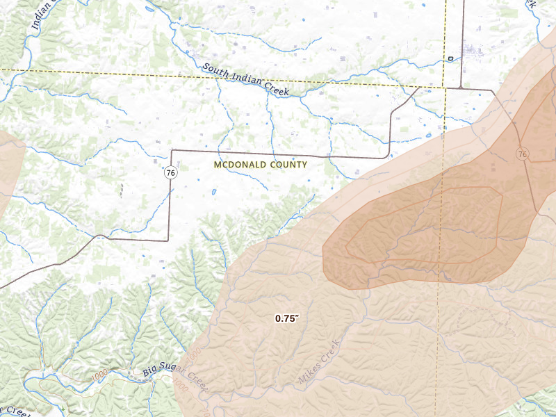 Radar-estimated hail-size map of the storm over Rocky Comfort, MO on Apr 28, 2026