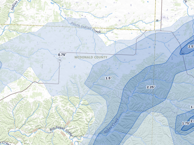 NEXRAD radar-signature map of the hail storm over Rocky Comfort, MO on Apr 28, 2026
