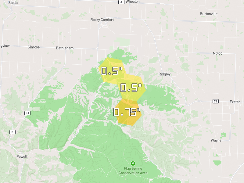 Hail map of Rocky Comfort, MO on Jul 5, 2026, hail up to 0.75"