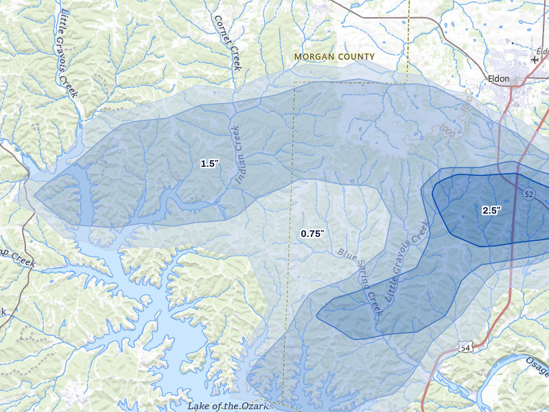 NEXRAD radar-signature map of the hail over Rocky Mount, MO
