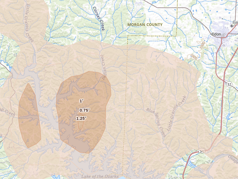 Radar-estimated hail-size map of the storm over Rocky Mount, MO on Aug 18, 2026