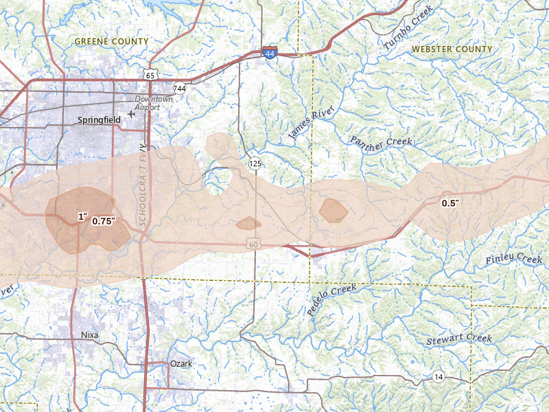 Radar-estimated hail-size map of the storm over Rogersville, MO on Apr 27, 2026