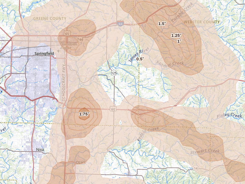Radar-estimated hail-size map of the storm over Rogersville, MO on Aug 6, 2026