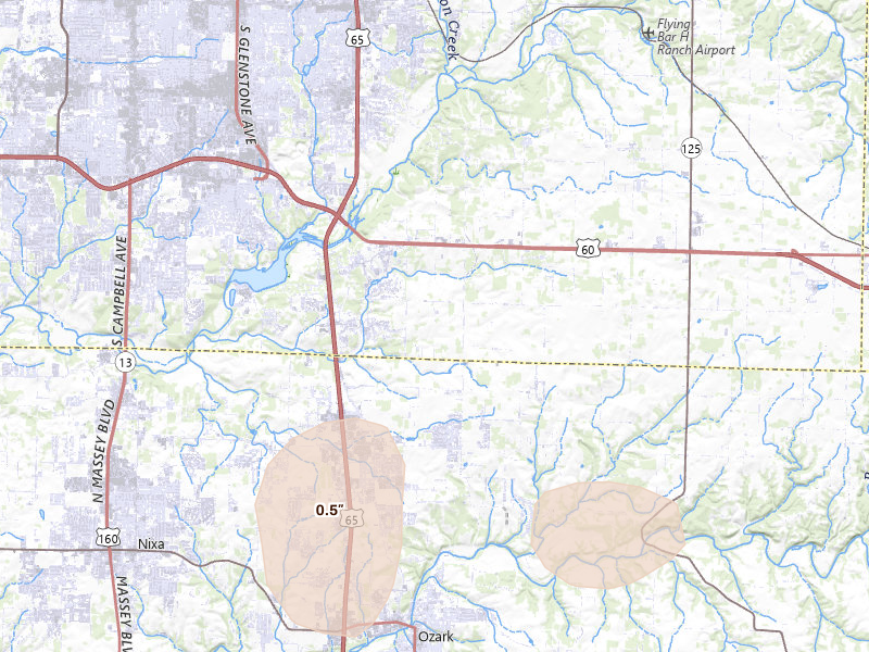Radar-estimated hail-size map of the storm over Rogersville, MO on Aug 7, 2026