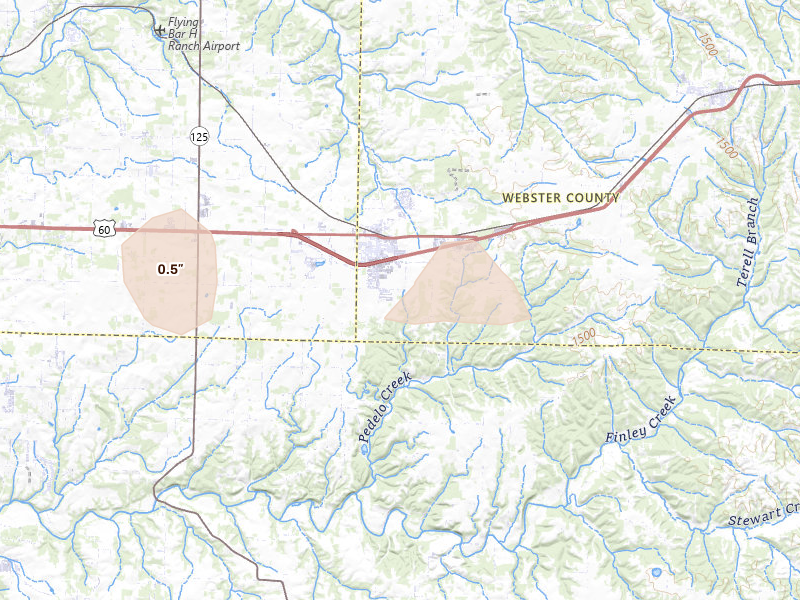Radar-estimated hail-size map of the storm over Rogersville, MO on Aug 12, 2026