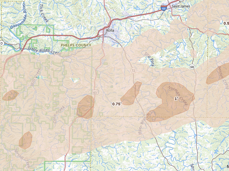 Radar-estimated hail-size map of the storm over Rolla, MO on Apr 26, 2026