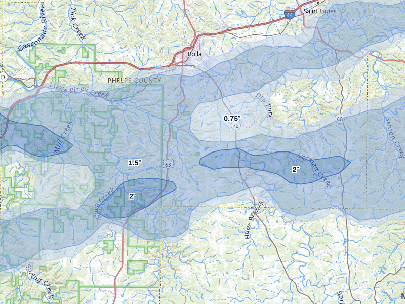 NEXRAD radar-signature map of the hail over Rolla, MO