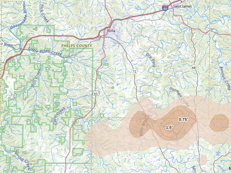 Radar-estimated hail-size map of the storm over Rolla, MO on Apr 27, 2026