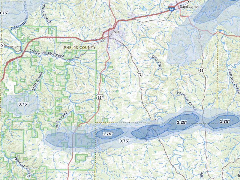 NEXRAD radar-signature map of the hail over Rolla, MO