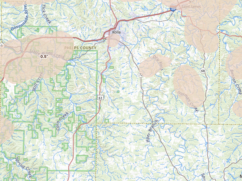 Radar-estimated hail-size map of the storm over Rolla, MO on May 31, 2026
