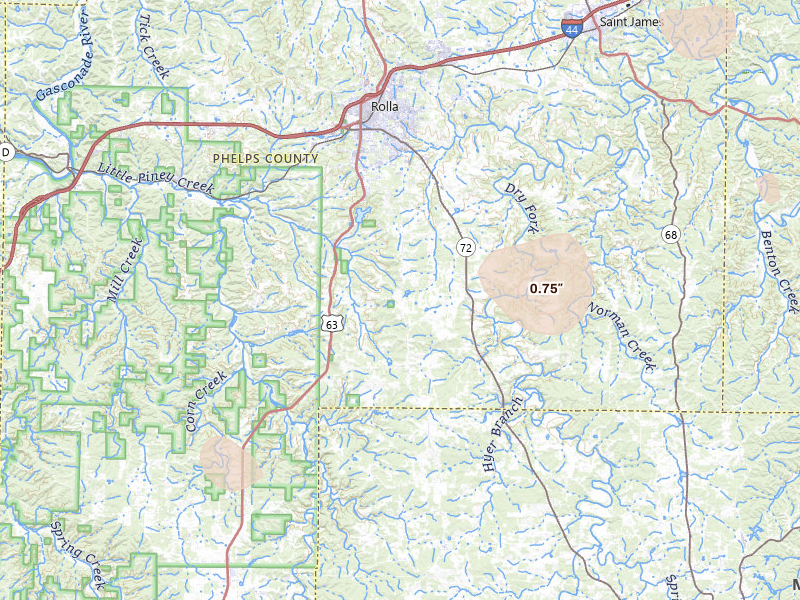 Radar-estimated hail-size map of the storm over Rolla, MO on Jul 4, 2026