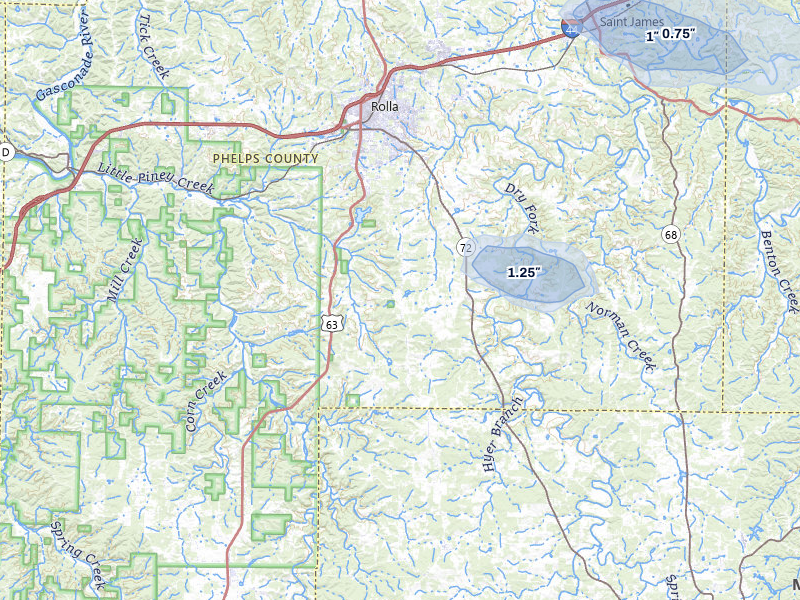 NEXRAD radar-signature map of the hail storm over Rolla, MO on Jul 4, 2026