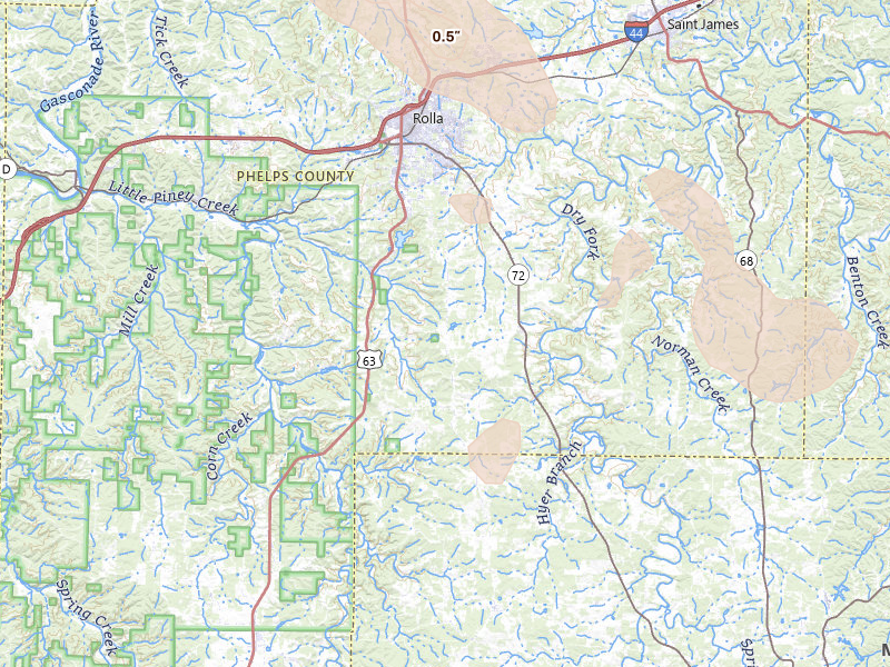 Radar-estimated hail-size map of the storm over Rolla, MO on Jul 9, 2026