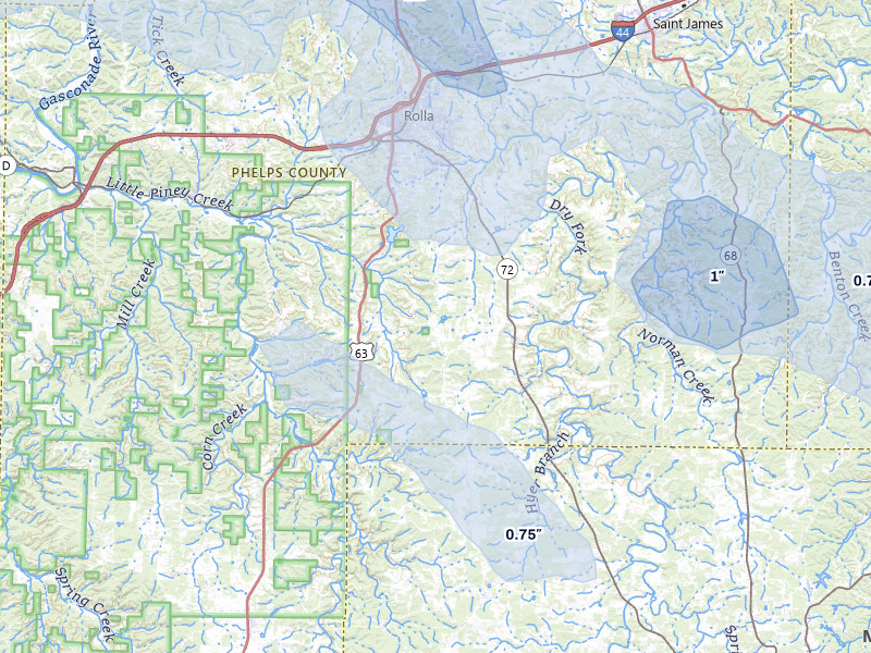 NEXRAD radar-signature map of the hail storm over Rolla, MO on Jul 9, 2026
