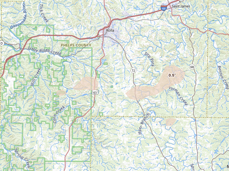 Radar-estimated hail-size map of the storm over Rolla, MO on Jul 10, 2026