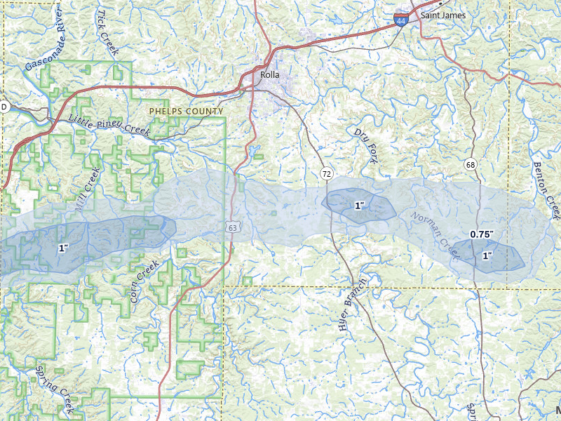 NEXRAD radar-signature map of the hail storm over Rolla, MO on Jul 10, 2026